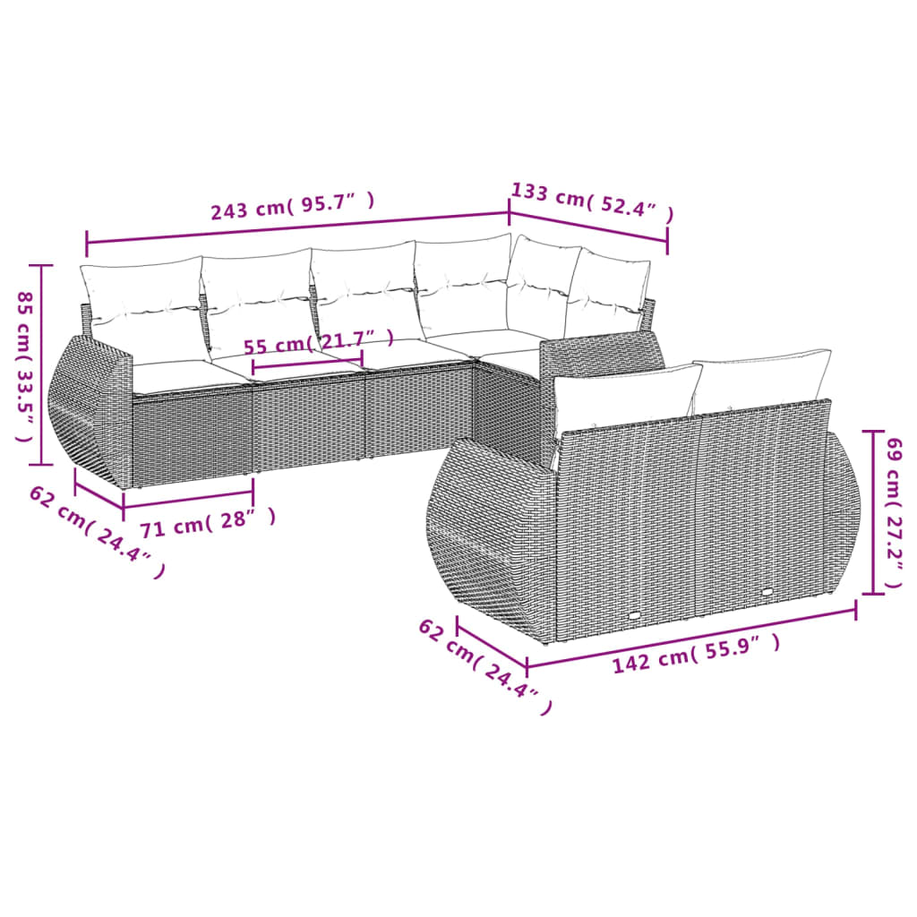 vidaXL 7-teiliges Gartensofa-Set mit Kissen, schwarzes Polyrattan