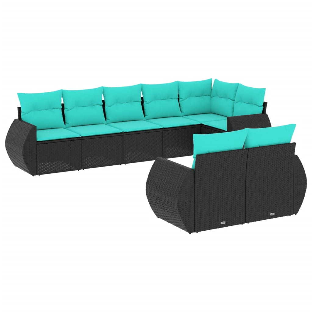 vidaXL 8-teiliges Gartensofa-Set mit Kissen, schwarzes Polyrattan