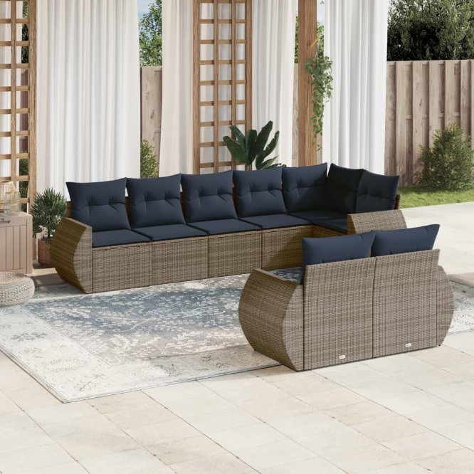 vidaXL 8-teiliges Gartensofa-Set mit Kissen, schwarzes Polyrattan