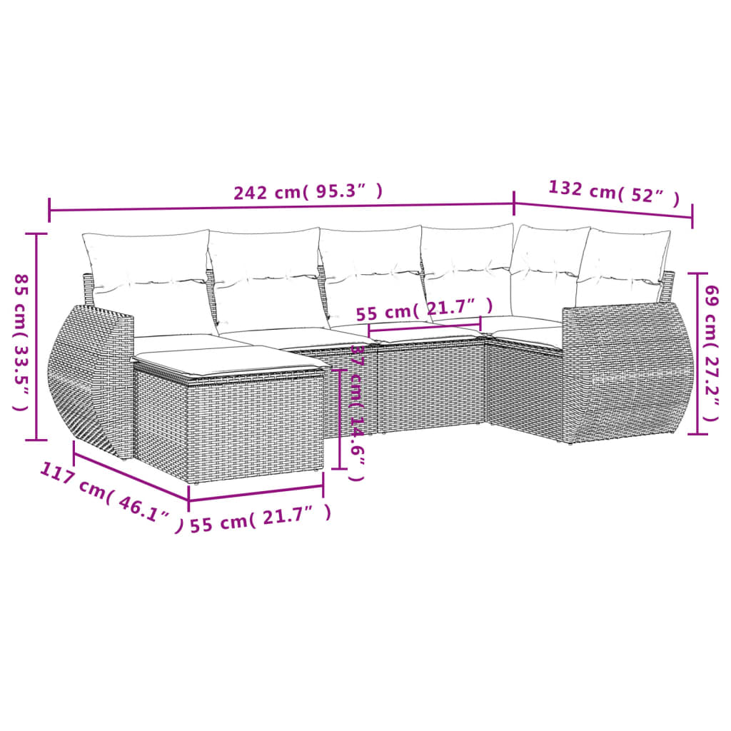 vidaXL 6-teiliges Gartensofa-Set mit Kissen, schwarzes Polyrattan