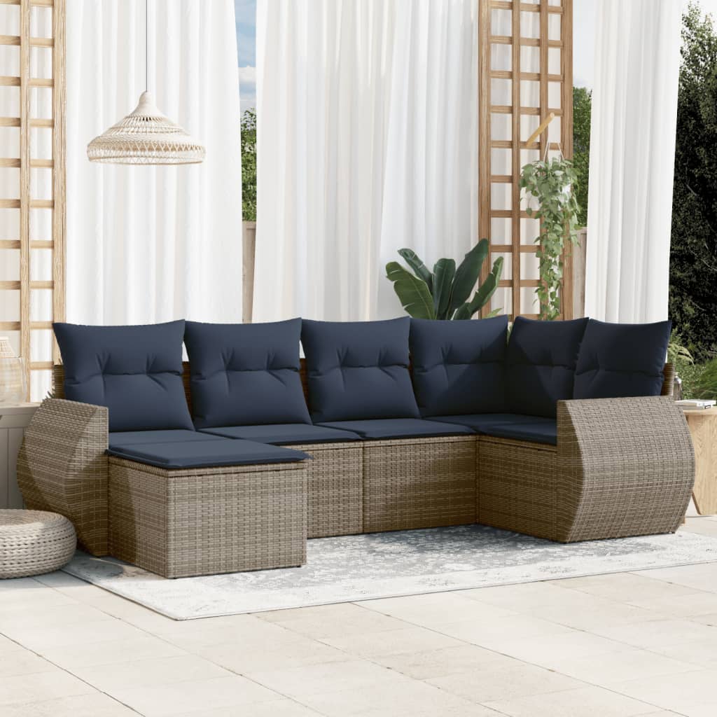 vidaXL 6-teiliges Gartensofa-Set mit Kissen, schwarzes Polyrattan