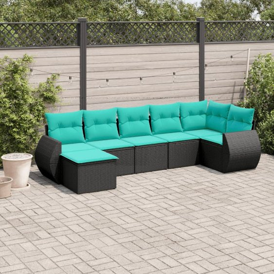 vidaXL 7-teiliges Gartensofa-Set mit Kissen, schwarzes Polyrattan