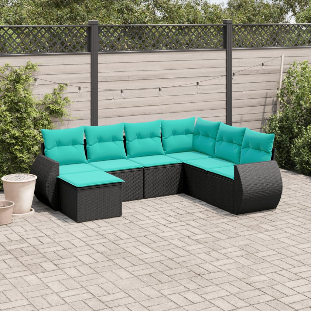 vidaXL 7-teiliges Gartensofa-Set mit Kissen, schwarzes Polyrattan