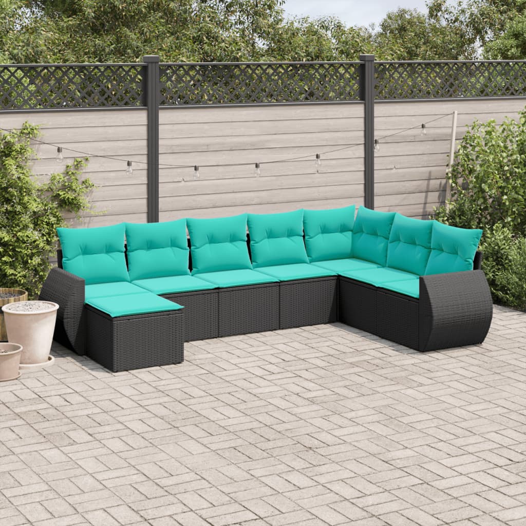 vidaXL 8-teiliges Gartensofa-Set mit Kissen, schwarzes Polyrattan