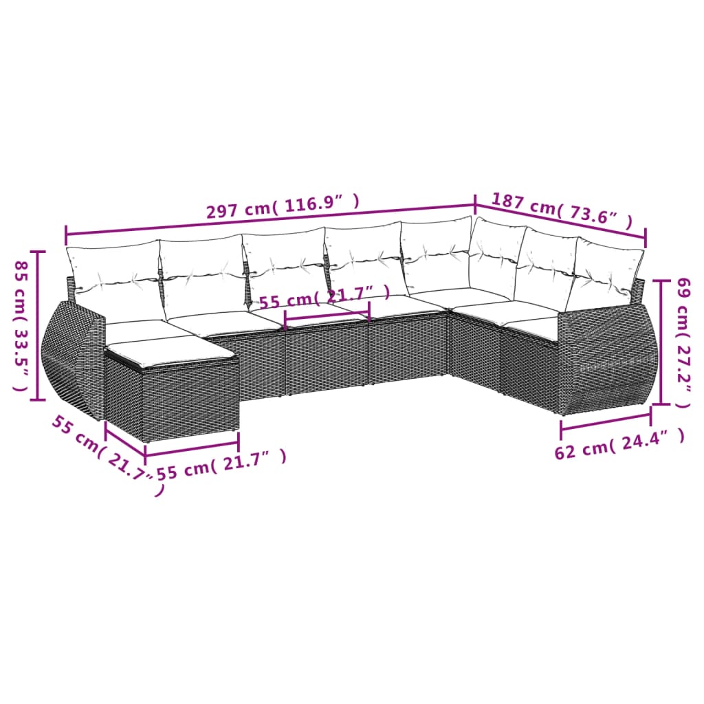 vidaXL 8-teiliges Gartensofa-Set mit Kissen, schwarzes Polyrattan