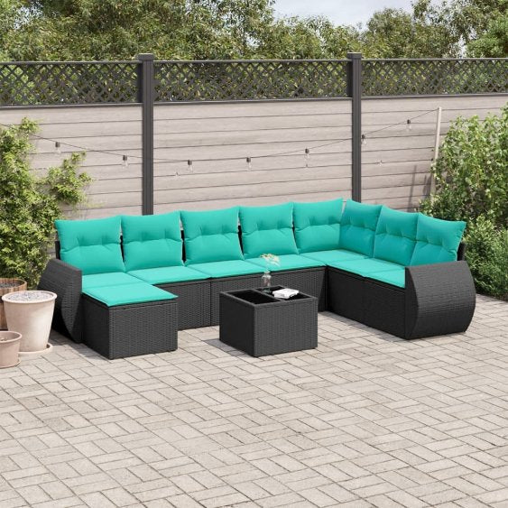 vidaXL 8-teiliges Gartensofa-Set mit Kissen, schwarzes Polyrattan