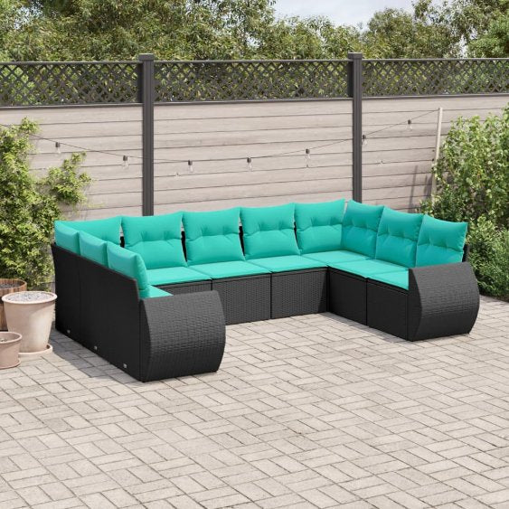 vidaXL 9-teiliges Gartensofa-Set mit Kissen, schwarzes Polyrattan