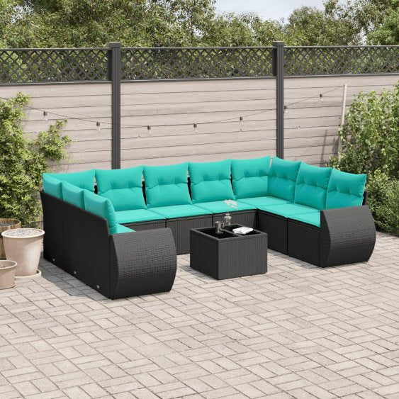 vidaXL 9-teiliges Gartensofa-Set mit Kissen, schwarzes Polyrattan
