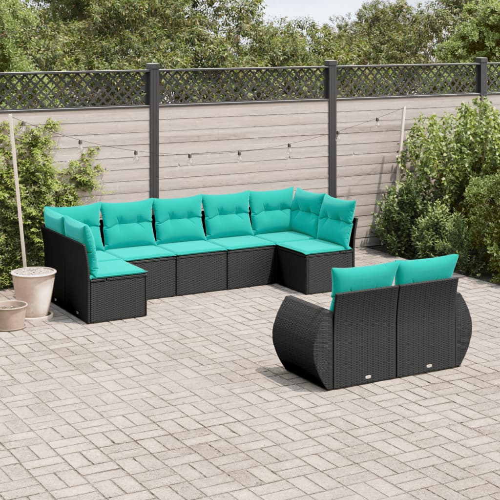 vidaXL 9-teiliges Gartensofa-Set mit Kissen, schwarzes Polyrattan