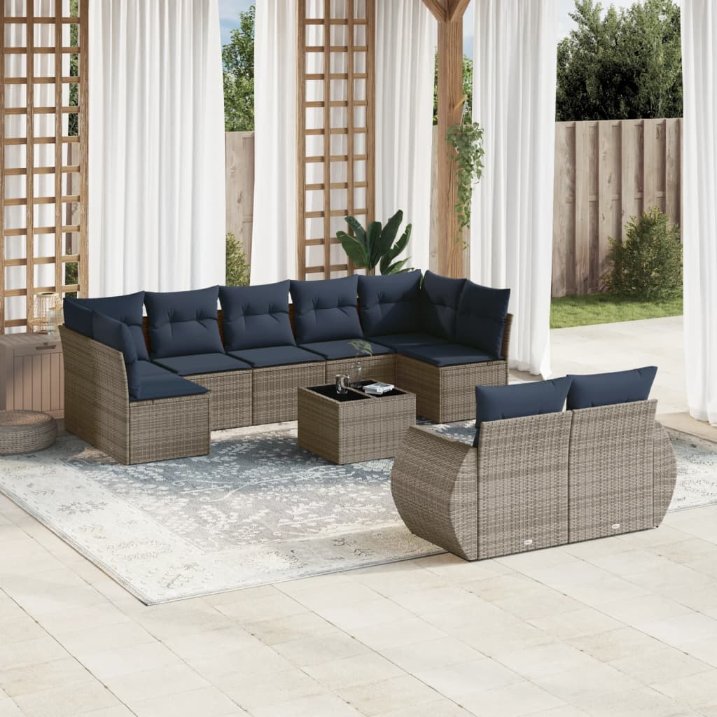 vidaXL 9-teiliges Gartensofa-Set mit Kissen, schwarzes Polyrattan