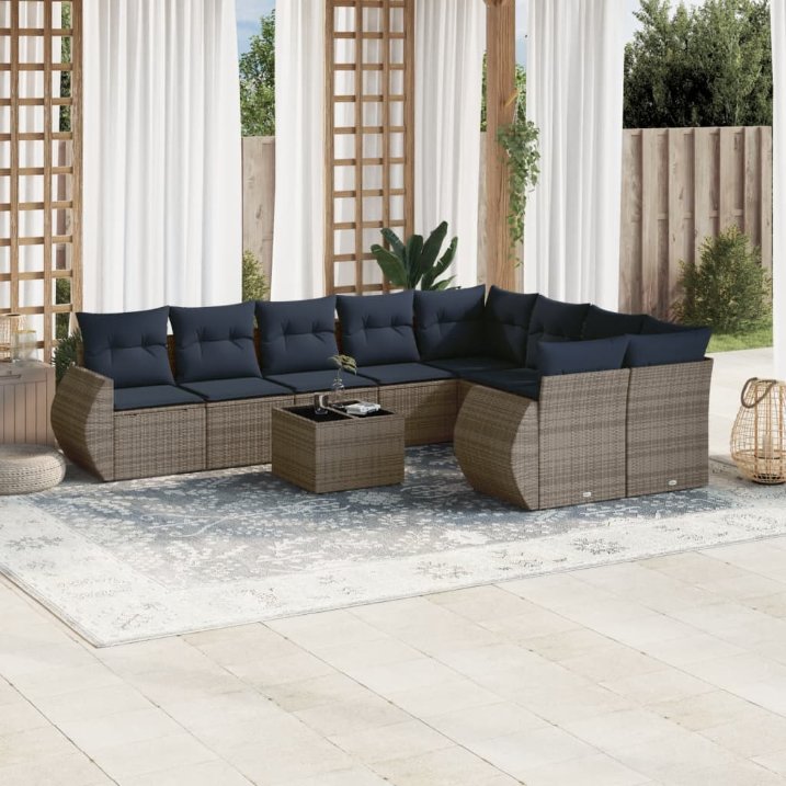 vidaXL 9-teiliges Gartensofa-Set mit Kissen, schwarzes Polyrattan