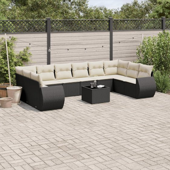 vidaXL 10-tlg. Garten-Sofagarnitur mit Kissen Schwarz Poly Rattan