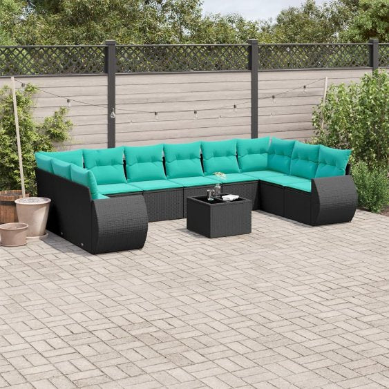 vidaXL 10-teiliges Gartensofa-Set mit Kissen, schwarzes Polyrattan