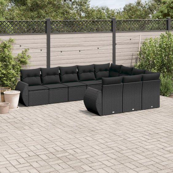 vidaXL 10-tlg. Garten-Sofagarnitur mit Kissen Schwarz Poly Rattan