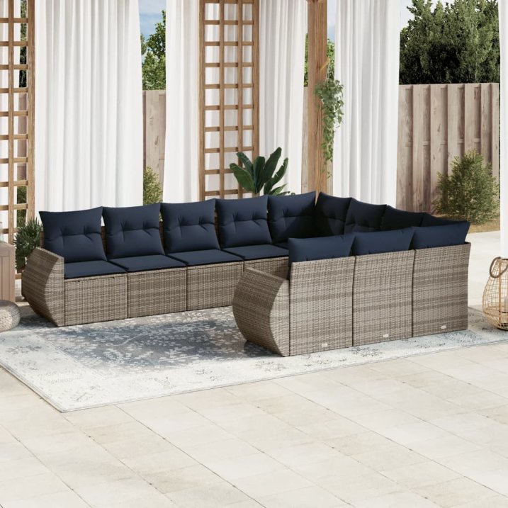 vidaXL 10-teiliges Gartensofa-Set mit Kissen, schwarzes Polyrattan