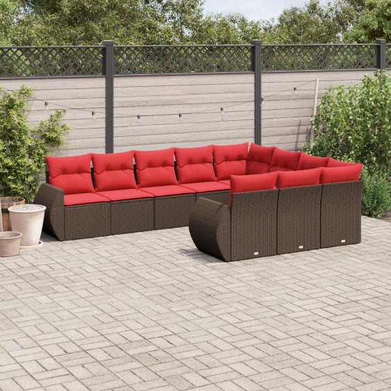 vidaXL 10-teiliges Gartensofa-Set mit Kissen, schwarzes Polyrattan