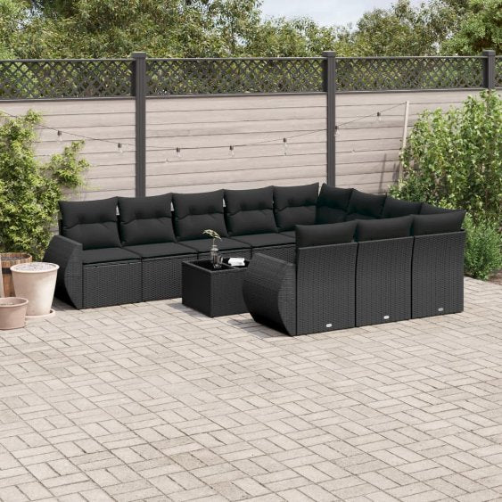 vidaXL 10-tlg. Garten-Sofagarnitur mit Kissen Schwarz Poly Rattan