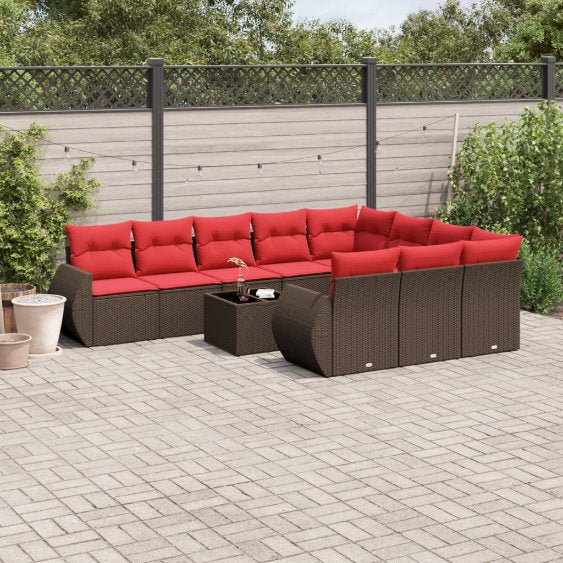 vidaXL 10-teiliges Gartensofa-Set mit Kissen, schwarzes Polyrattan