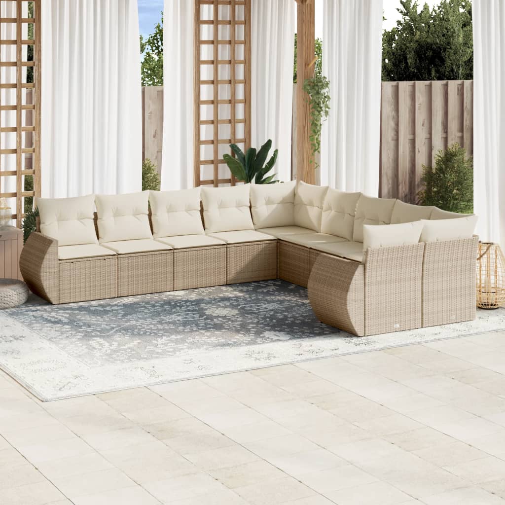 vidaXL 10-tlg. Garten-Sofagarnitur mit Kissen Schwarz Poly Rattan