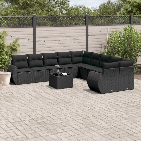 vidaXL 10-tlg. Garten-Sofagarnitur mit Kissen Schwarz Poly Rattan