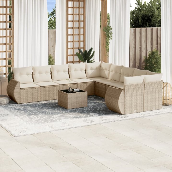 vidaXL 10-tlg. Garten-Sofagarnitur mit Kissen Schwarz Poly Rattan