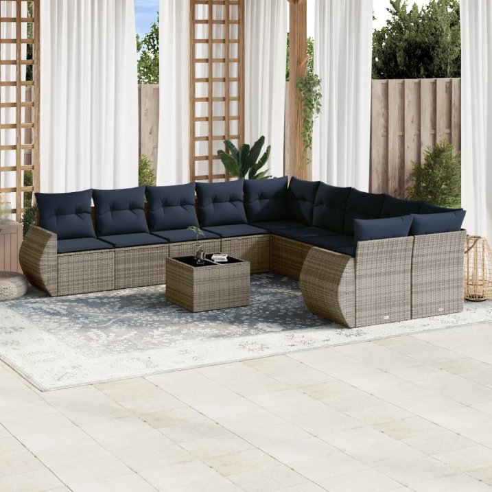 vidaXL 10-teiliges Gartensofa-Set mit Kissen, schwarzes Polyrattan