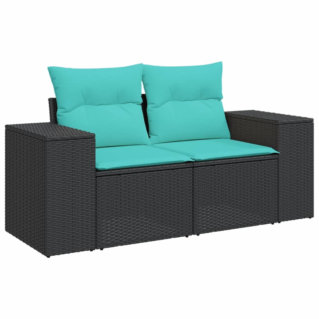 vidaXL 3-teiliges Gartensofa-Set mit Kissen, schwarzes Polyrattan