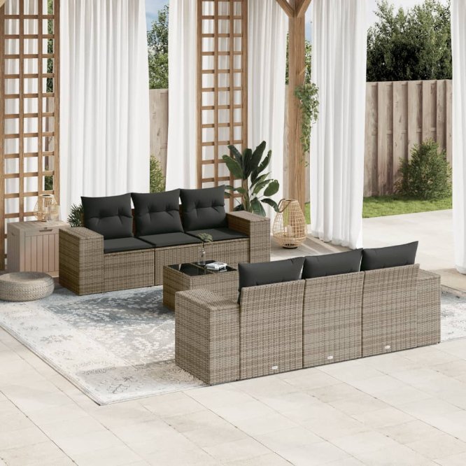 vidaXL 7-tlg. Garten-Sofagarnitur mit Kissen Schwarz Poly Rattan