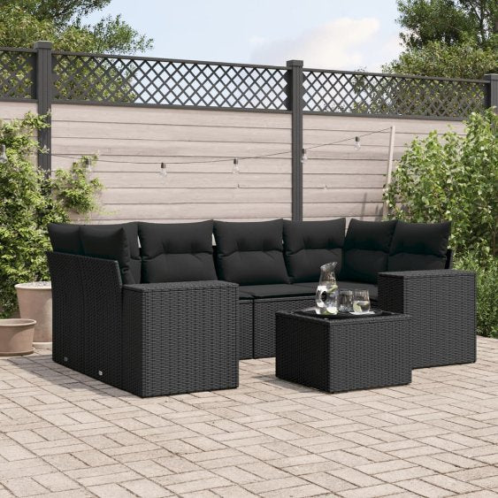 vidaXL 7-tlg. Garten-Sofagarnitur mit Kissen Schwarz Poly Rattan