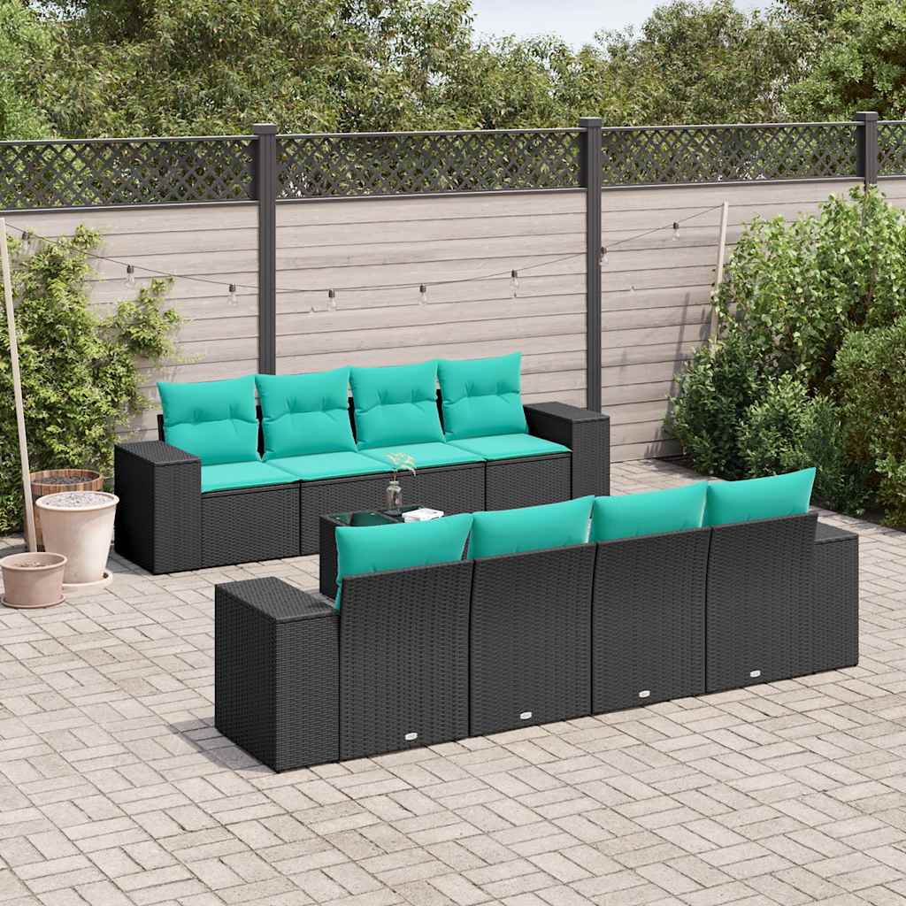 vidaXL 9-teiliges Gartensofa-Set mit Kissen, schwarzes Polyrattan