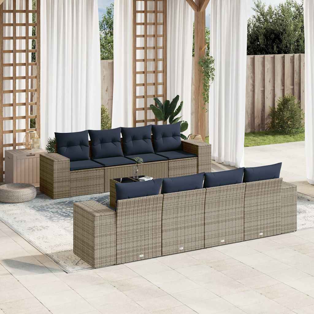 vidaXL 9-teiliges Gartensofa-Set mit Kissen, schwarzes Polyrattan