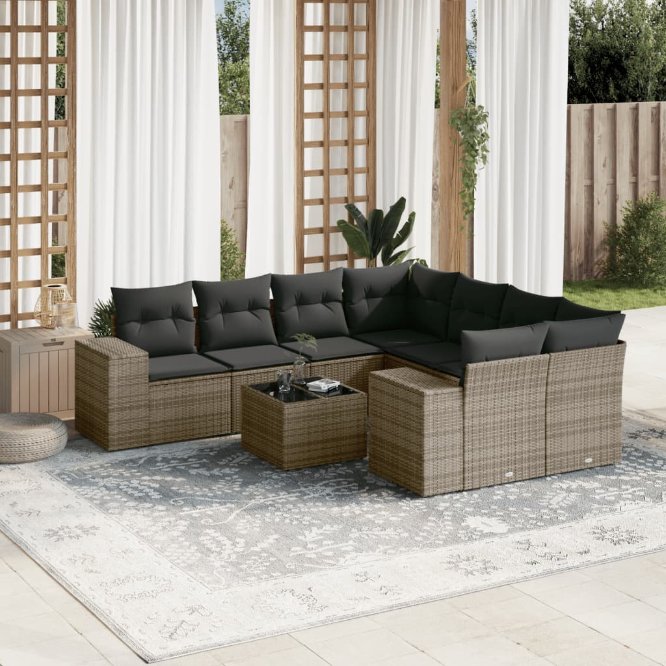 vidaXL 9-tlg. Garten-Sofagarnitur mit Kissen Schwarz Poly Rattan