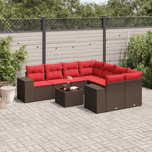 vidaXL 9-teiliges Gartensofa-Set mit Kissen, schwarzes Polyrattan