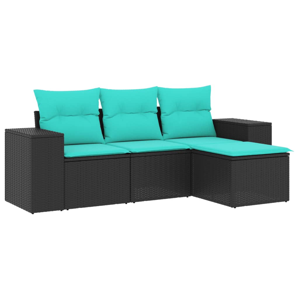 vidaXL 4-teiliges Gartensofa-Set mit Kissen, schwarzes Polyrattan
