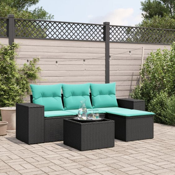 vidaXL 4-teiliges Gartensofa-Set mit Kissen, schwarzes Polyrattan