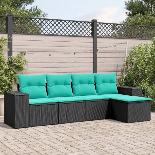 vidaXL 5-teiliges Gartensofa-Set mit Kissen, schwarzes Polyrattan
