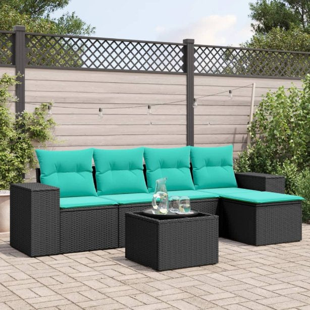 vidaXL 5-teiliges Gartensofa-Set mit Kissen, schwarzes Polyrattan