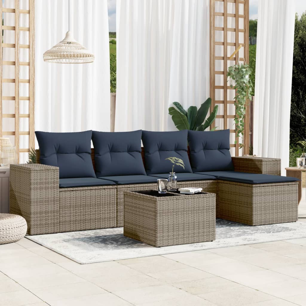 vidaXL 5-teiliges Gartensofa-Set mit Kissen, schwarzes Polyrattan