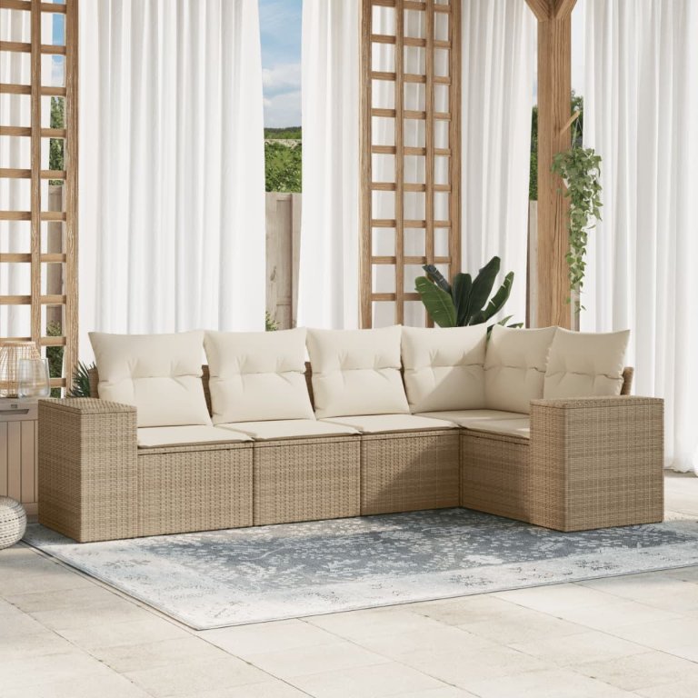 vidaXL 5-tlg. Garten-Sofagarnitur mit Kissen Schwarz Poly Rattan