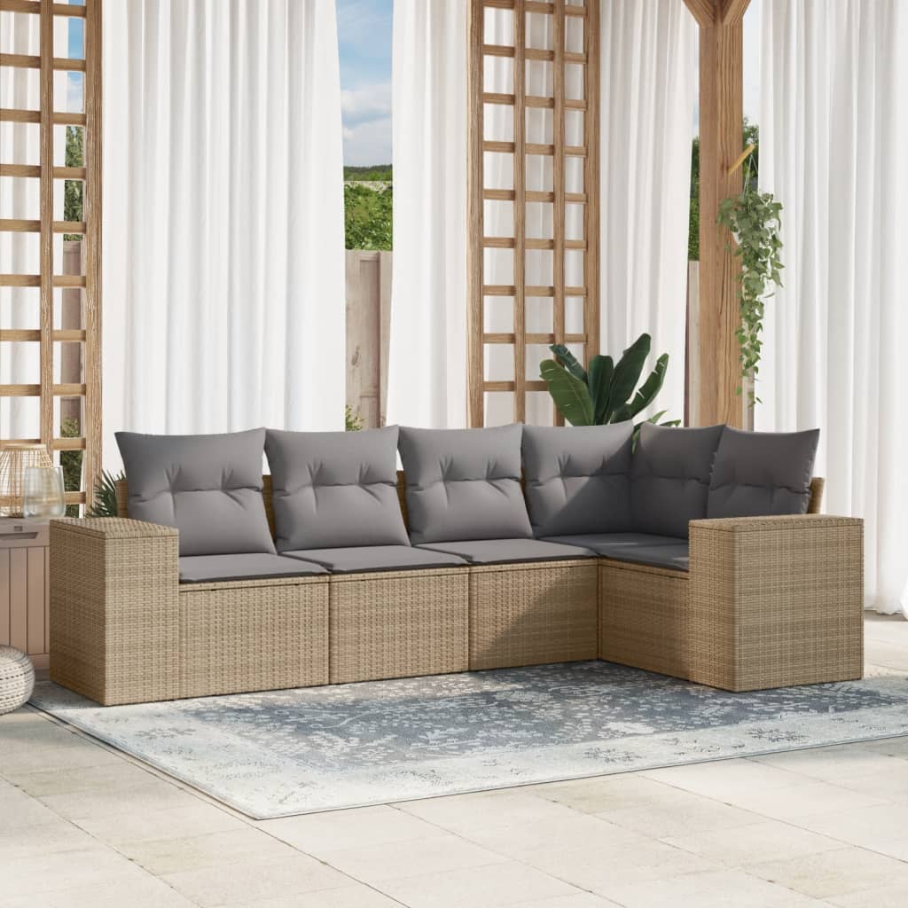 vidaXL 5-tlg. Garten-Sofagarnitur mit Kissen Schwarz Poly Rattan