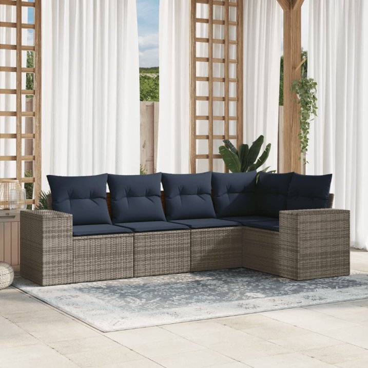 vidaXL 5-teiliges Gartensofa-Set mit Kissen, schwarzes Polyrattan