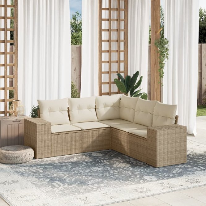 5-tlg. Garten-Sofagarnitur mit Kissen Schwarz Poly Rattan