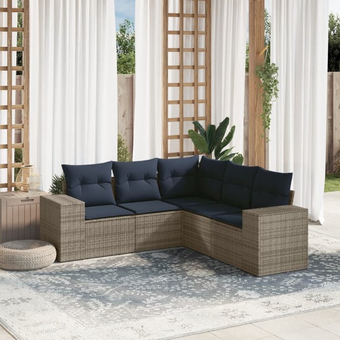 5-teiliges Gartensofa-Set mit Kissen, schwarzes Polyrattan