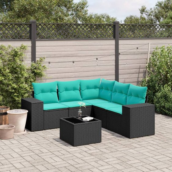 5-teiliges Gartensofa-Set mit Kissen, schwarzes Polyrattan