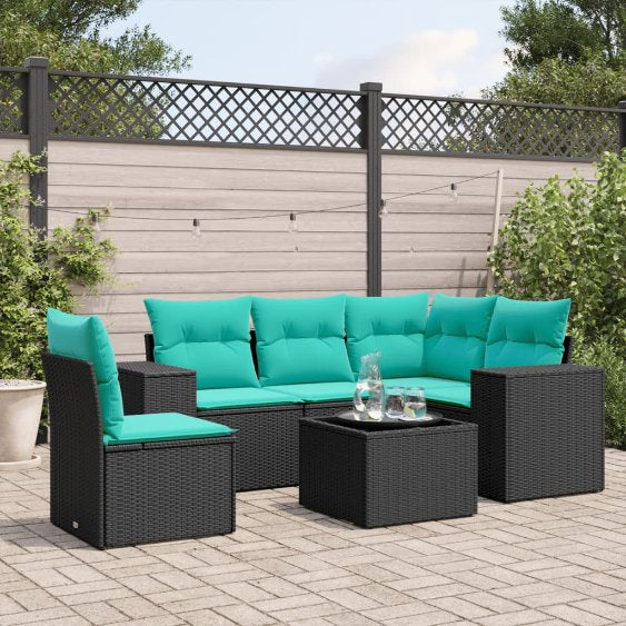5-teiliges Gartensofa-Set mit Kissen, schwarzes Polyrattan