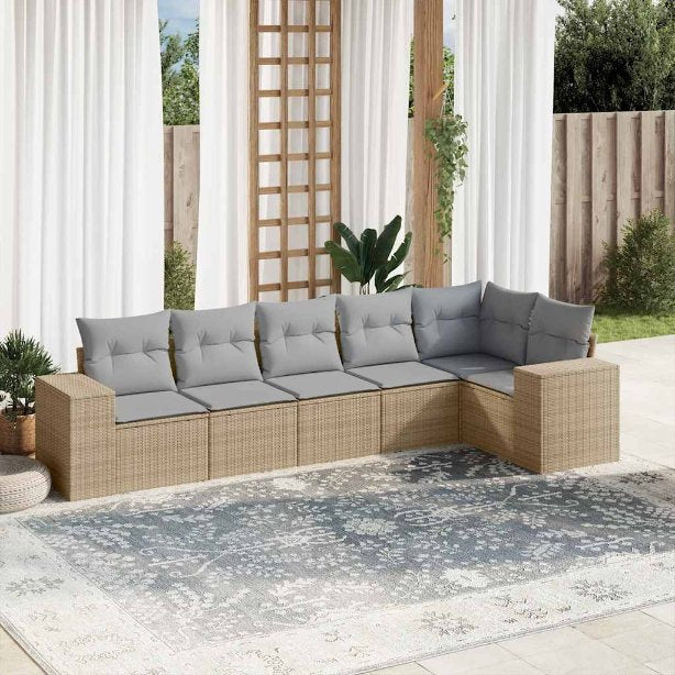 6-tlg. Garten-Sofagarnitur mit Kissen Schwarz Poly Rattan