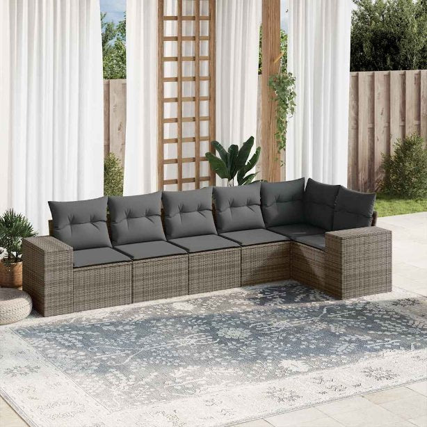 6-tlg. Garten-Sofagarnitur mit Kissen Schwarz Poly Rattan