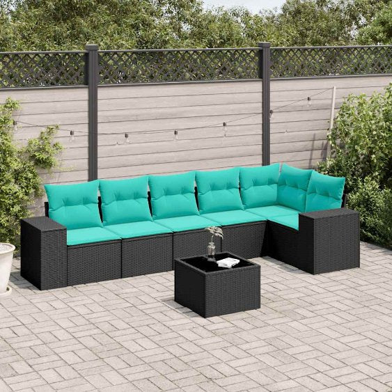 6-teiliges Gartensofa-Set mit Kissen, schwarzes Polyrattan