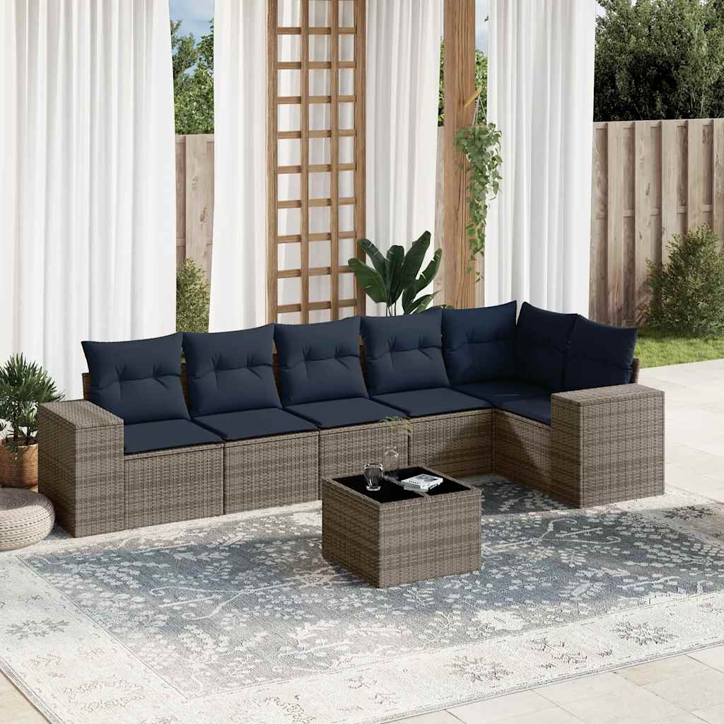 6-teiliges Gartensofa-Set mit Kissen, schwarzes Polyrattan