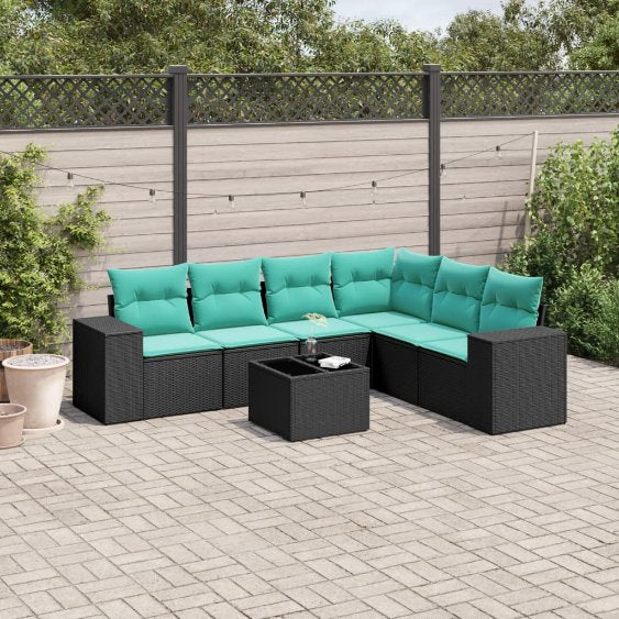 6-teiliges Gartensofa-Set mit Kissen, schwarzes Polyrattan